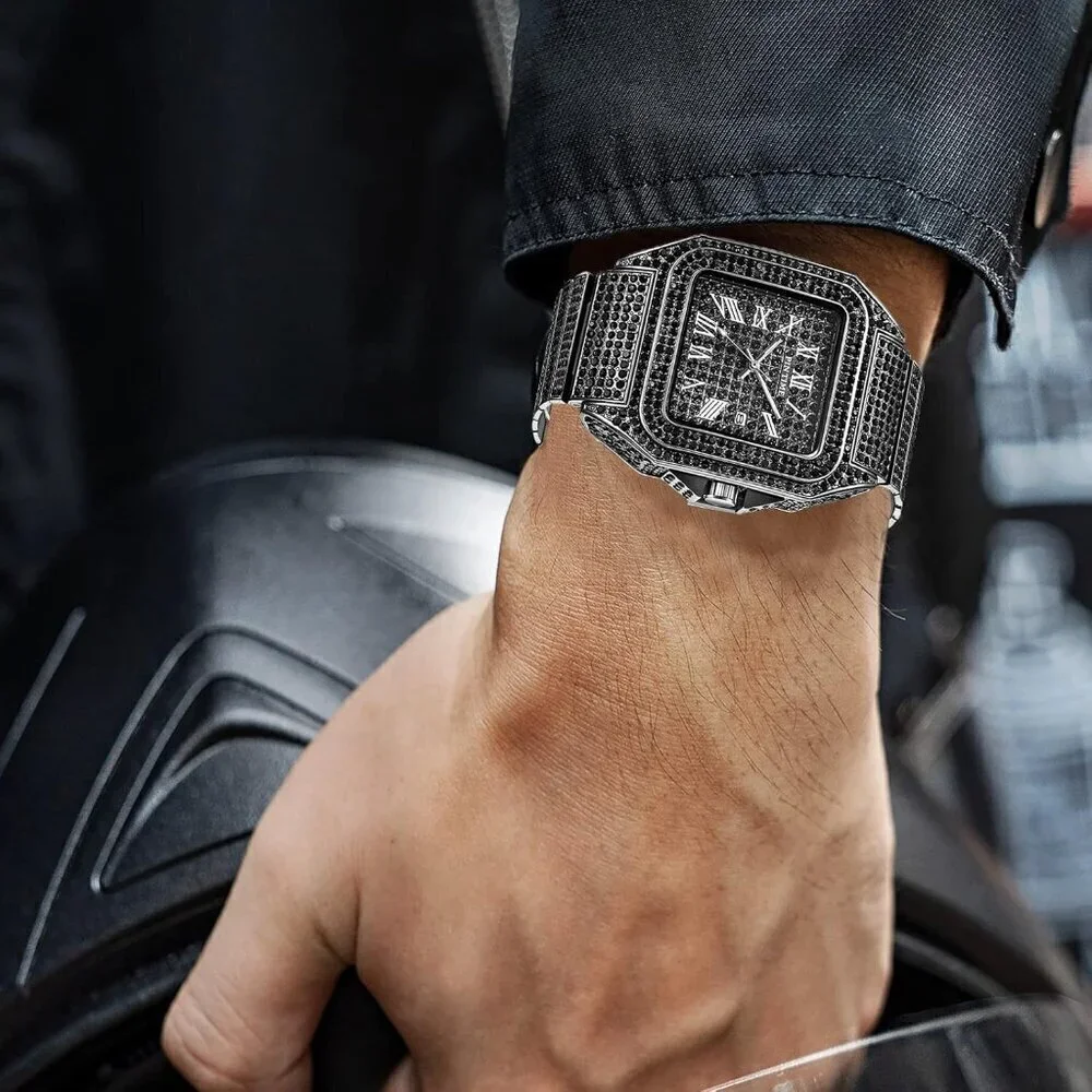 🆕Gosasa Analog Quartz Men Black Fashion Crystal Stainless Bracelet Wristwatch